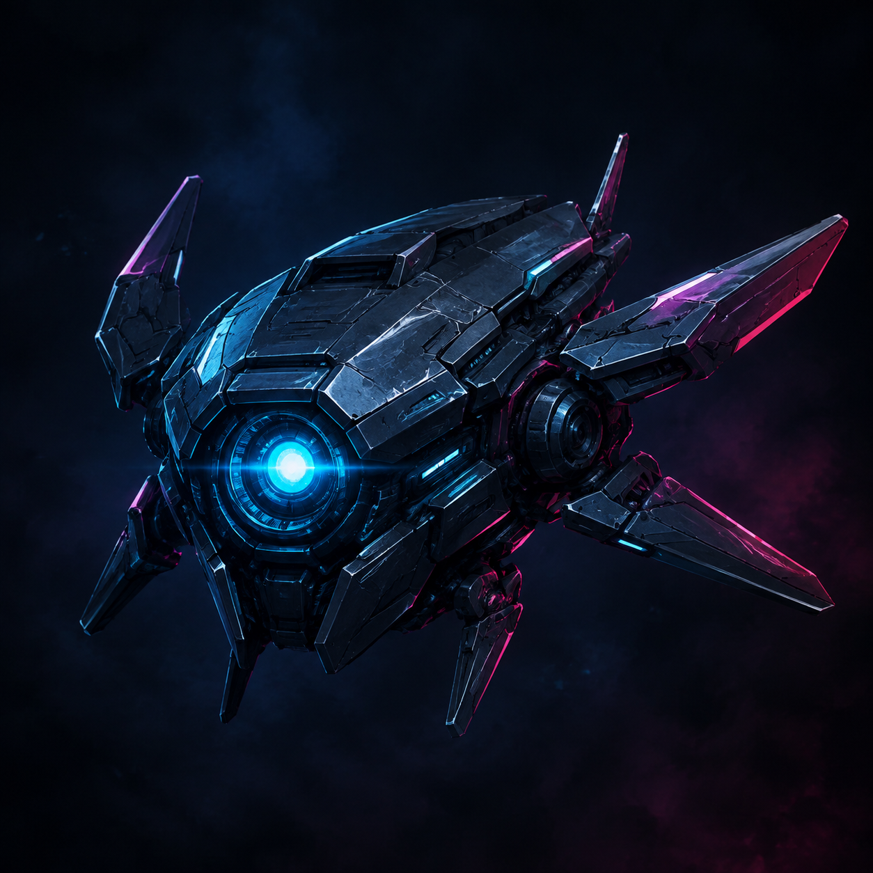 Angular black combat drone with a glowing cyan optic